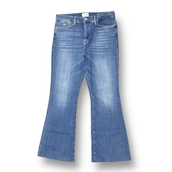 Frame Le Easy Flare Jeans Blue Drizzle Raw Hem High Rise Denim Womens Size 32 - Picture 9 of 15